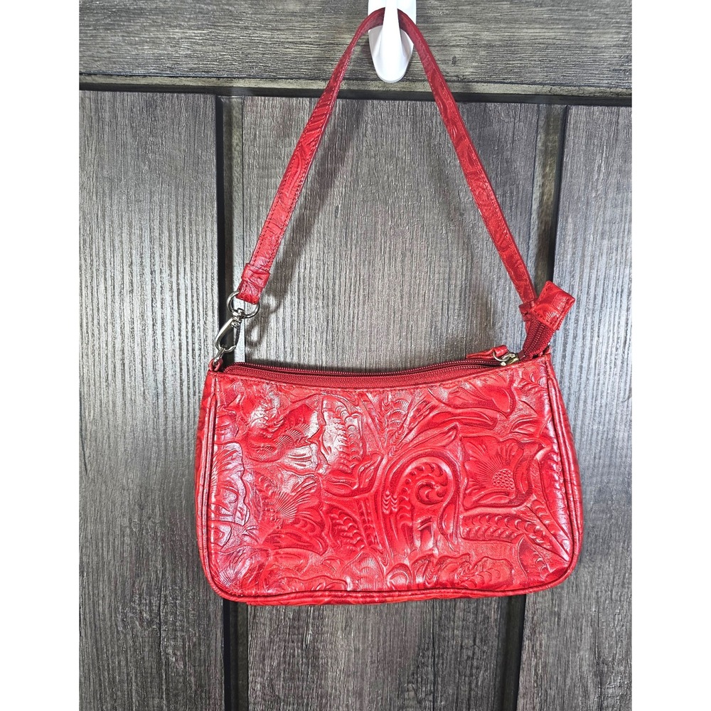 Red Embossed Leather Small Shoulder Bag Women's Top Handle Purse